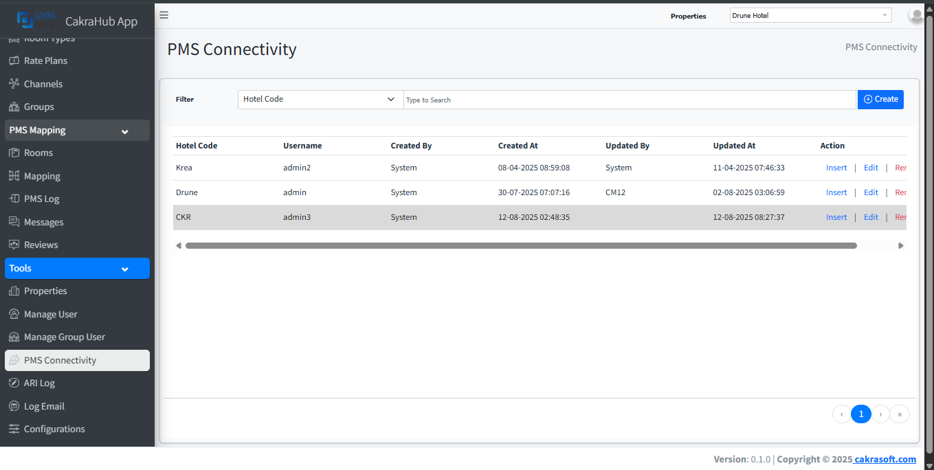 PMS Connectivity Page